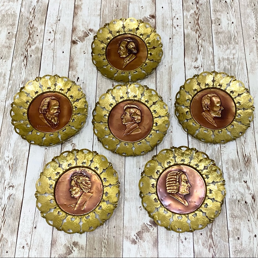 Vintage 6 Famous Composers Brass Copper Collectible Wall Plaque Wall Decor
